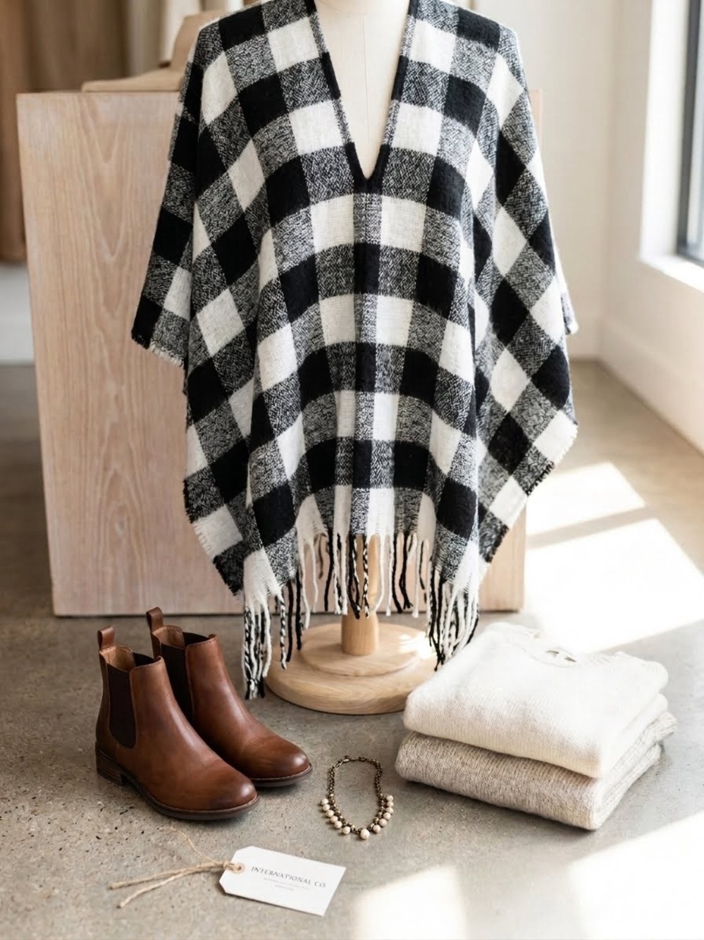 INC International Co. Buffalo Plaid Ruana Poncho Shawl Black White Fringe O/S
